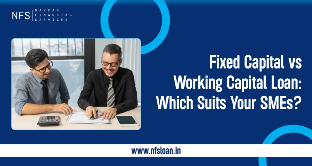 Two professionals reviewing documents with a calculator, discussing fixed capital vs working capital loans for SMEs