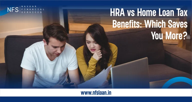 Couple on couch with laptop and papers, comparing HRA vs home loan tax benefits to determine savings